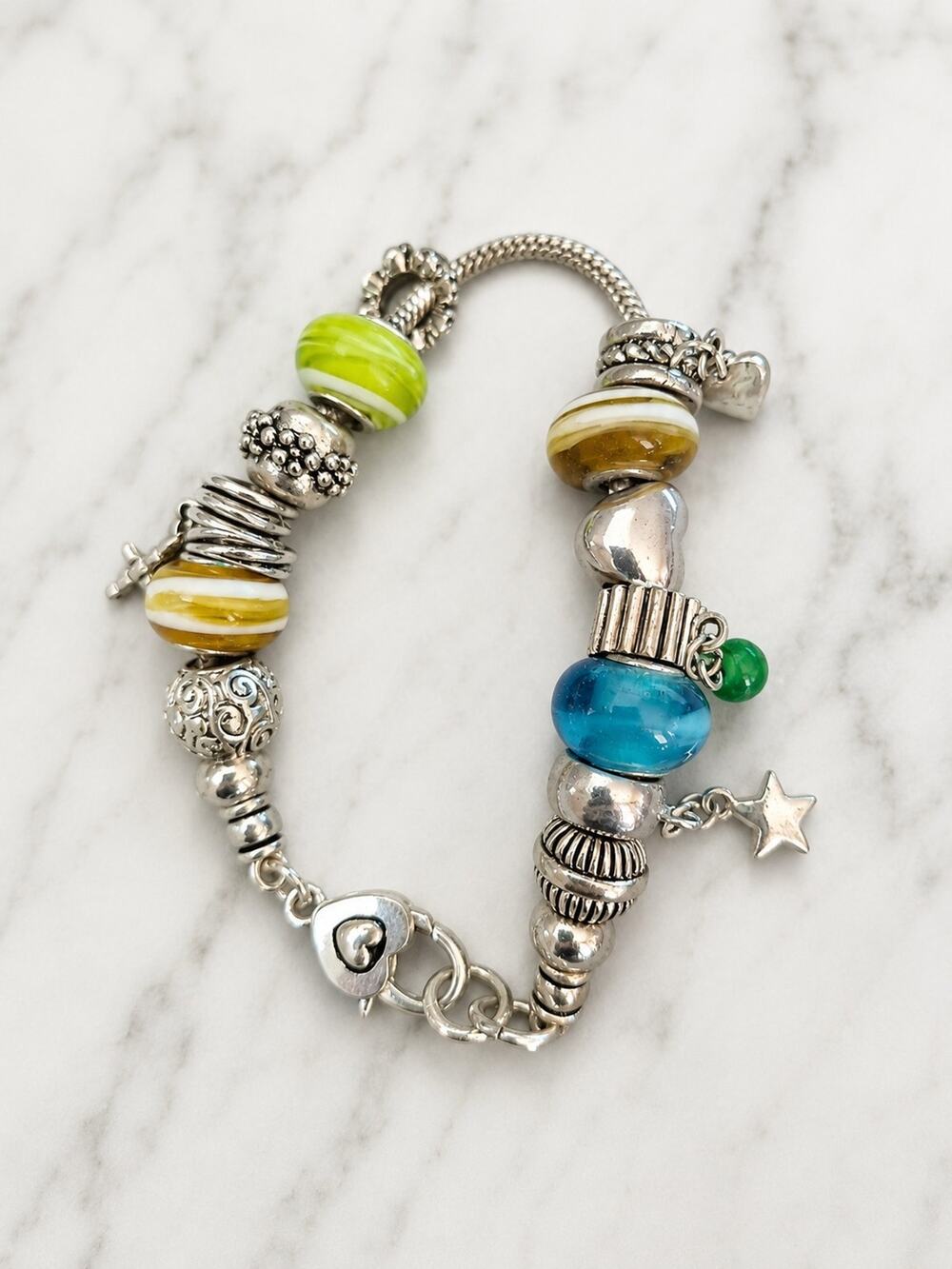 Hand Made Silver Tone Charm Bracelet Murano Style Glass Beads Heart Star Cross